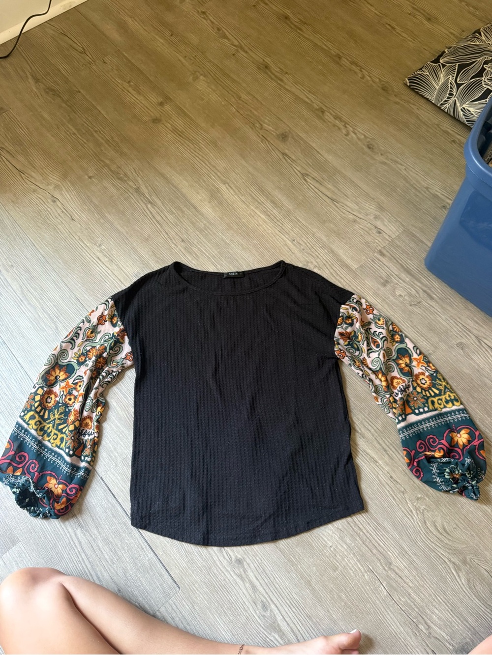 Women's Black Top with Floral Patterned Balloon Sleeves